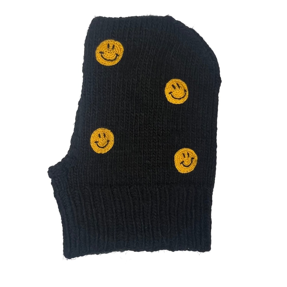 Daldandala Handmade Black Knit Balaclava Smiley Face Yellow Crochet Applique